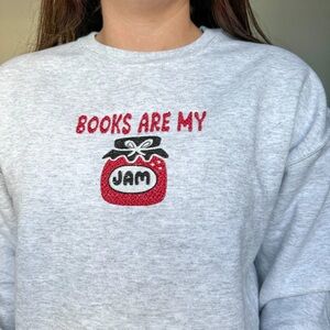 Book are my jam embroidered gray crewneck sweater